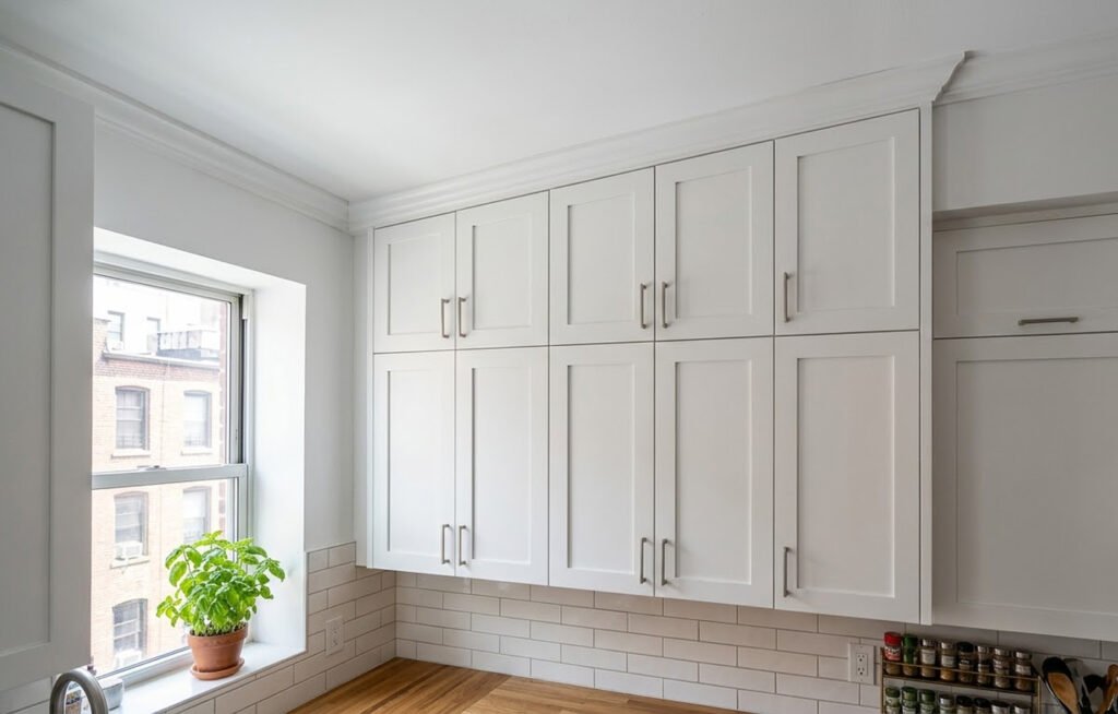 Small apartment kitchen utilizing a monochromatic color palette with matte dove-grey cabinet fronts, a white quartz backsplash, and light oak luxury vinyl flooring.