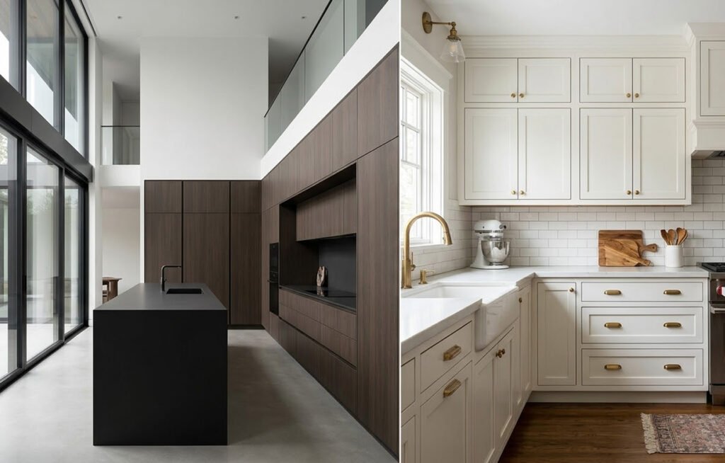 Open custom inset cabinet doors revealing premium kiln-dried plywood boxes and soft-close steel European hinges.