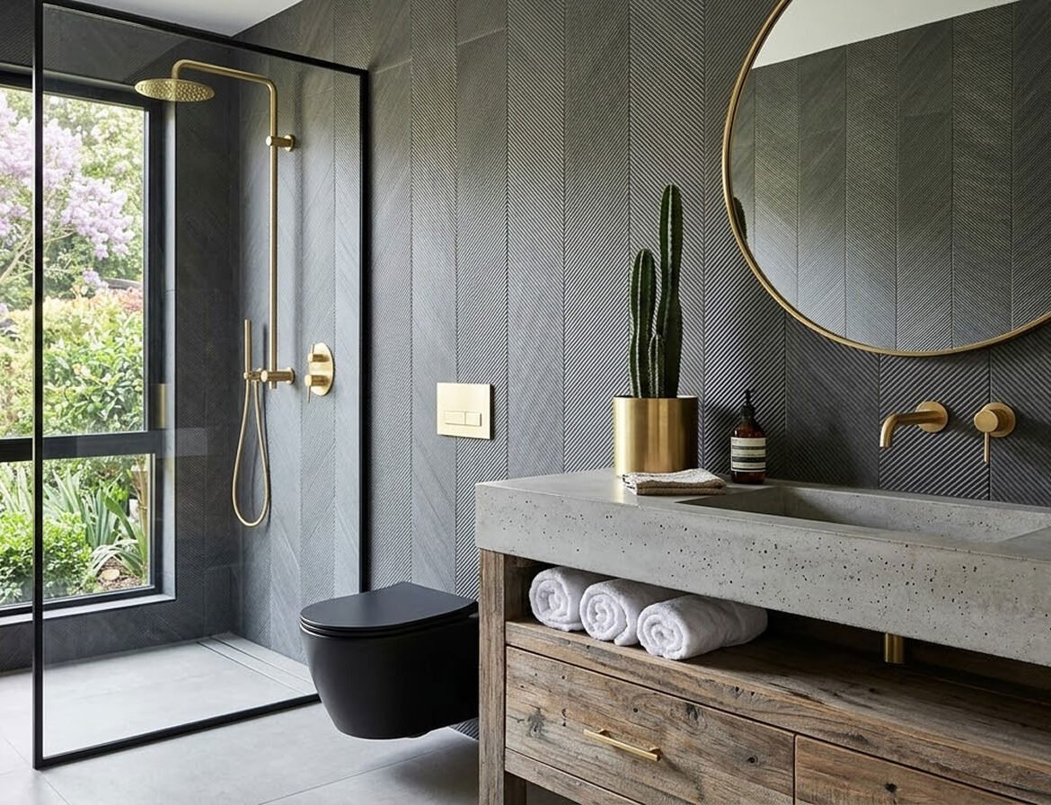 Explore an architectural analysis of a breathtaking modern bathroom that masterfully blends brutalist raw concrete with the organic warmth of reclaimed timber and luxurious brushed brass fixtures.