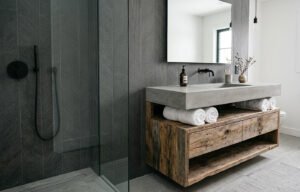 Modern bathroom featuring a raw concrete integrated sink, reclaimed wood vanity base, charcoal herringbone walls, brushed brass plumbing fixtures, and a frameless glass shower overlooking a lush garden.