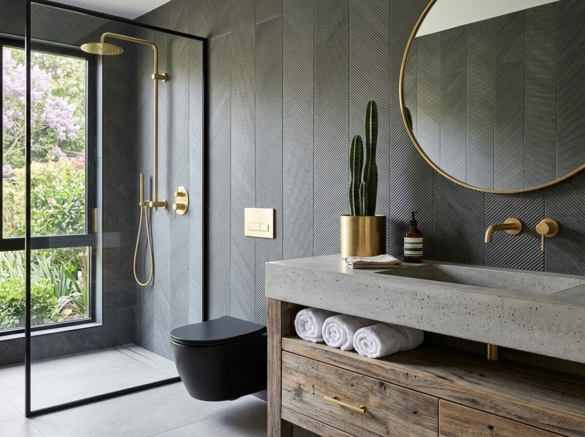 Explore an architectural analysis of a breathtaking modern bathroom that masterfully blends brutalist raw concrete with the organic warmth of reclaimed timber and luxurious brushed brass fixtures.
