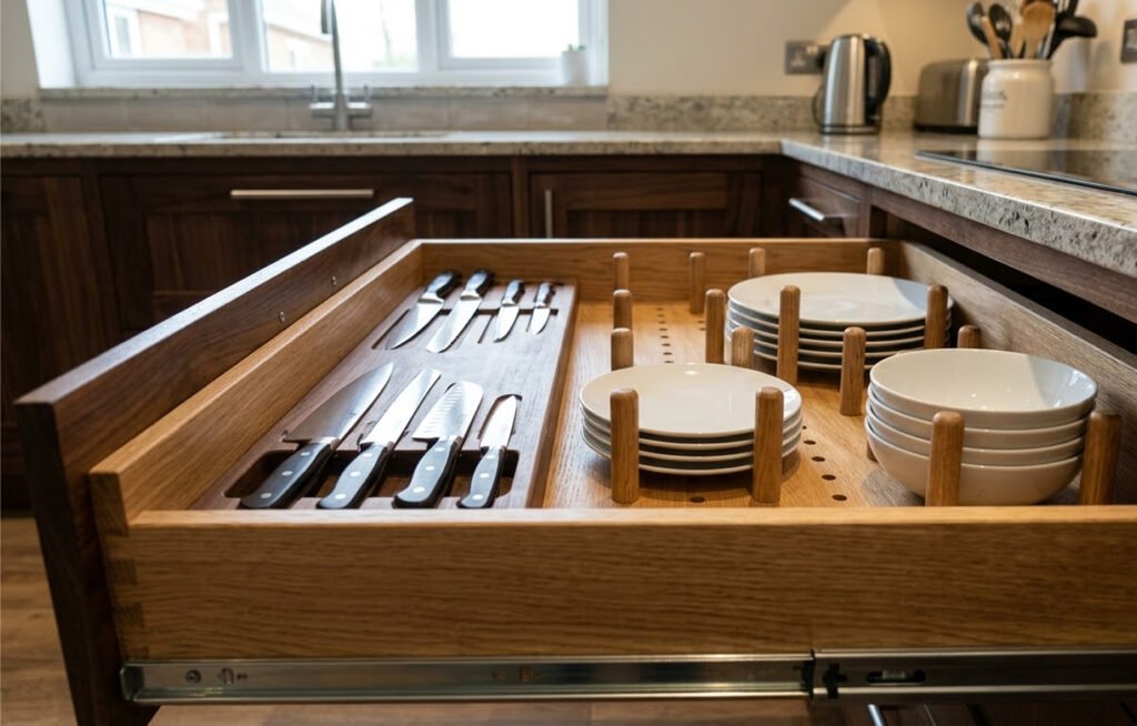 Deep base kitchen drawer featuring solid wood peg organizers securing plates and bowls next to a dedicated knife center.